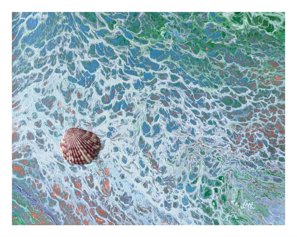 An abstract art print depicting a textured, swirling composition of blue, green, and white organic patterns with a single brown and pink striped seashell motif in the lower-left quadrant.