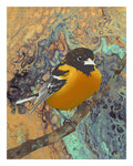 A painted bird artwork showing an orange and black bird perched on a branch against an abstract marbled background in gold, teal, and dark blue tones.