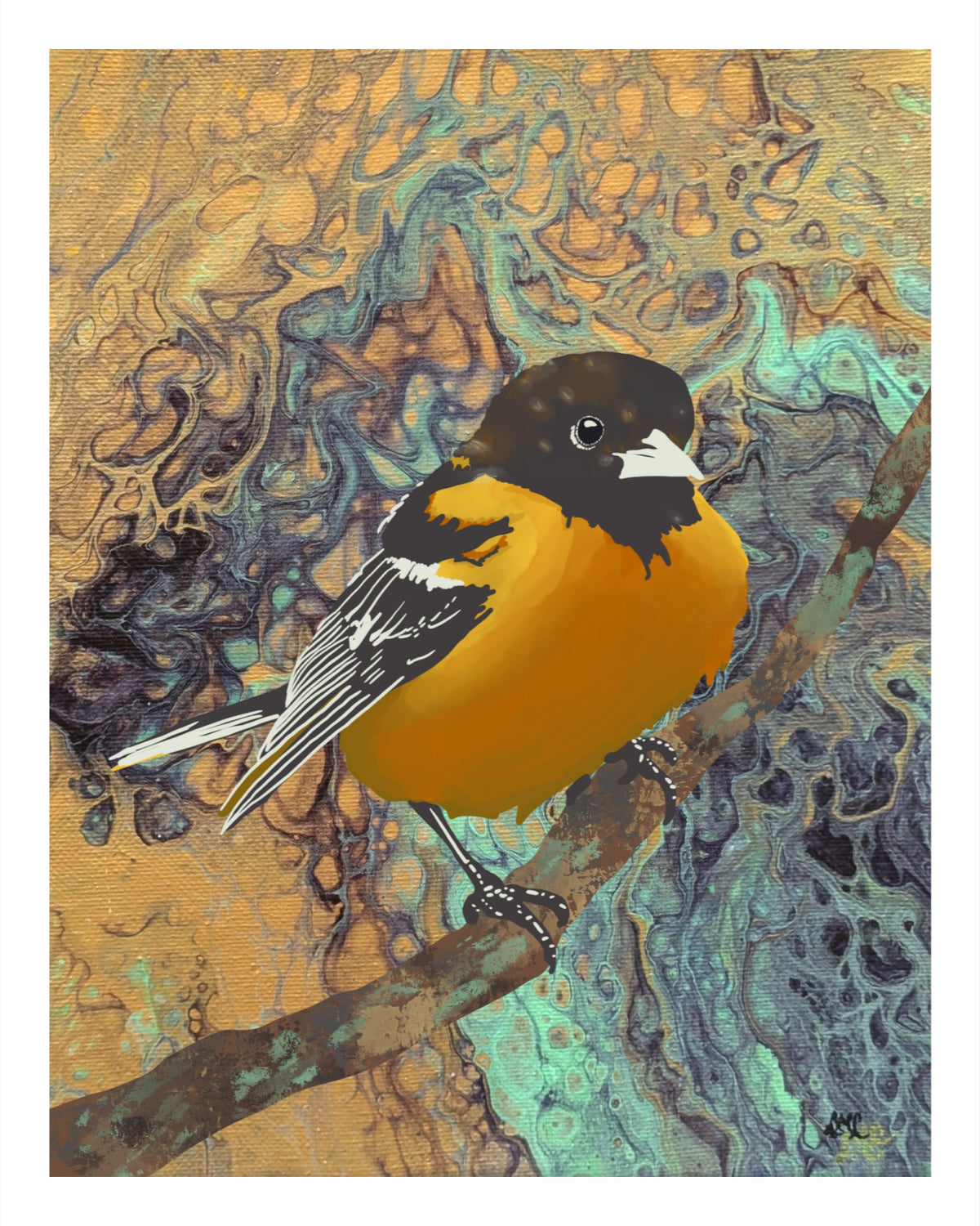A painted bird artwork showing an orange and black bird perched on a branch against an abstract marbled background in gold, teal, and dark blue tones.