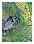 A stylized art print featuring a blue jay perched on a branch against a marbled abstract background of green, yellow, and blue tones.