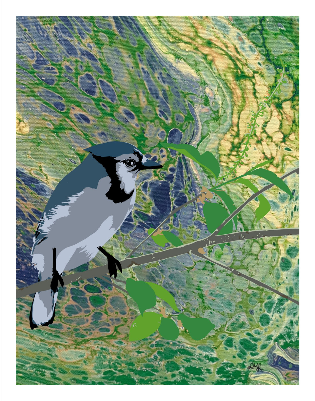 A stylized art print featuring a blue jay perched on a branch against a marbled abstract background of green, yellow, and blue tones.