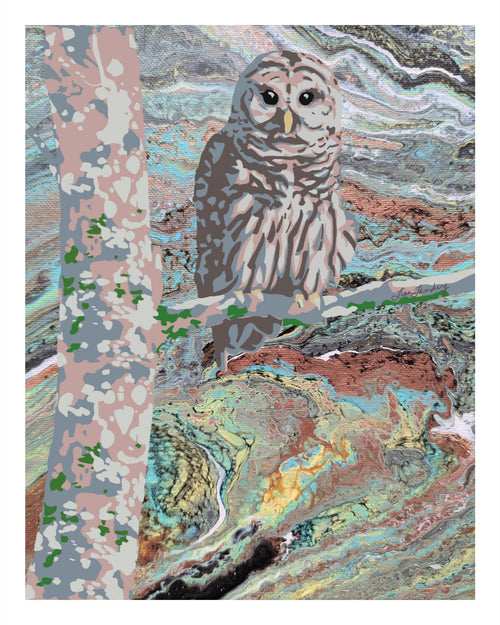 A square art print featuring a stylized owl perched on a branch over a marbled landscape with swirling teal, gray, pink, brown, and yellow tones. The owl is rendered in a graphic, almost digital style, and the artwork fills most of the frame with a thin white border around it.