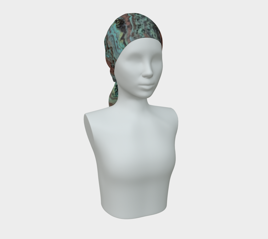 A patterned headscarf with a marbled design in teal, green, brown, and black, styled on a white mannequin bust against a light gray background.