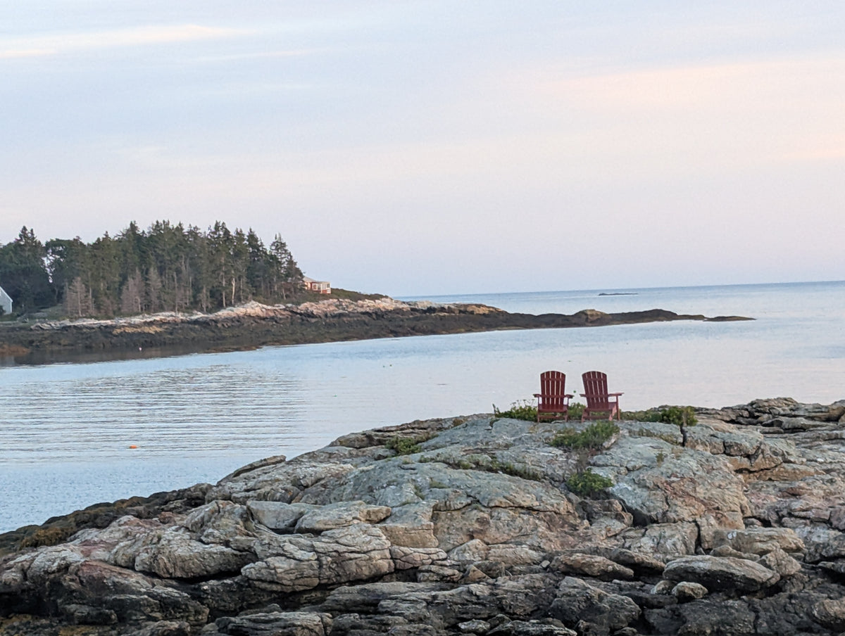 A scenic coastal landscape with two red Adirondack chairs placed on a rocky shoreline overlooking calm water and a tree-covered peninsula under a pale sky.