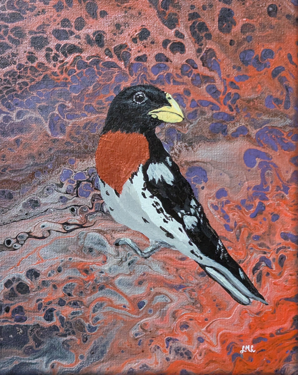 An acrylic painting of a rosefinch bird perched on a branch, set against a textured, marbled background of orange, red, purple, and gray. The bird features a black head and back, a rusty orange-red chest, a white belly, and a yellow beak.