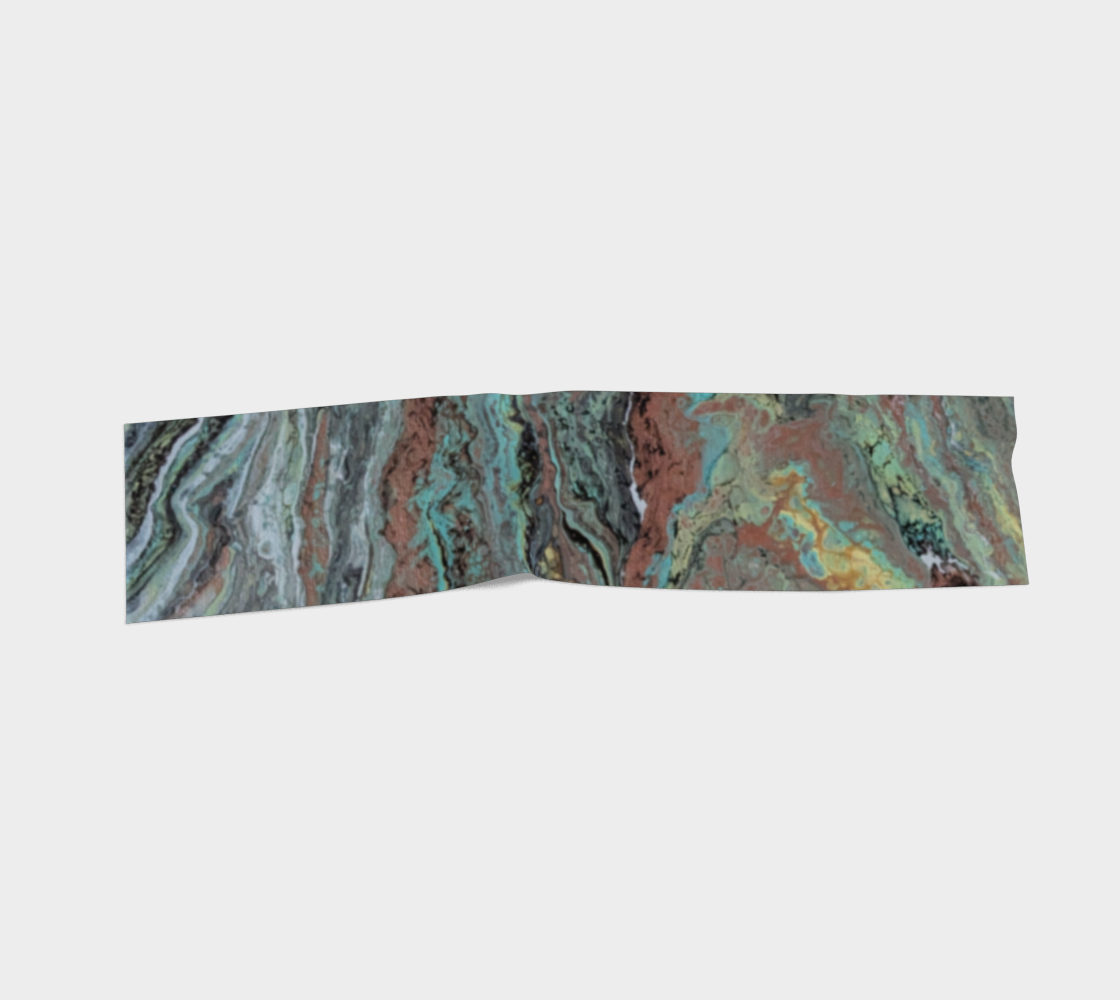 A long, narrow rectangular product with an abstract marbled pattern in teal, gray, brown, black, and cream, photographed on a plain light gray background.